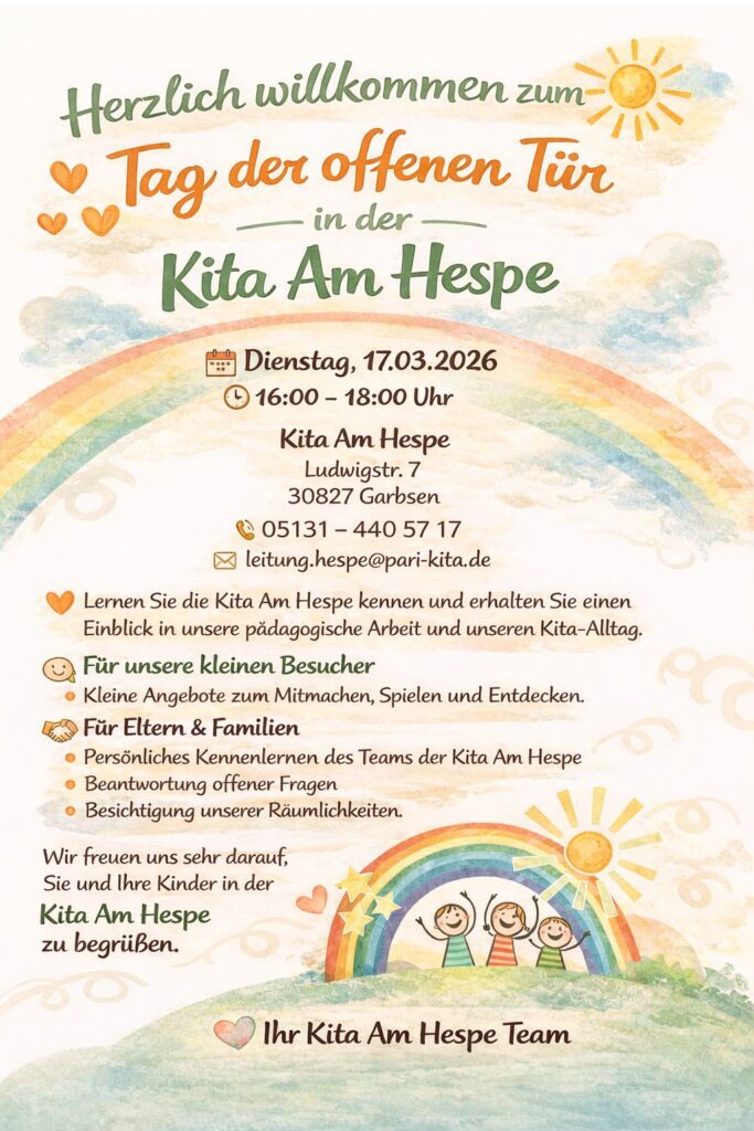 Tag der offenen Tür bei der Kita Am Hespe am 17. März 2026 in Garbsen. Einblicke in die Kita und Austausch für Eltern