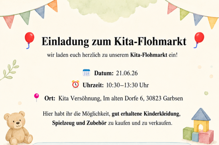 Flohmarkt der Kita Versöhnung in Havelse - Anmeldung bis 07.06.2026,  gute erhaltene Kinderkleidung, Spielzeug, Zubehör kann angeboten und gekauft werden. Es gibt Kaffee und Kuchen.