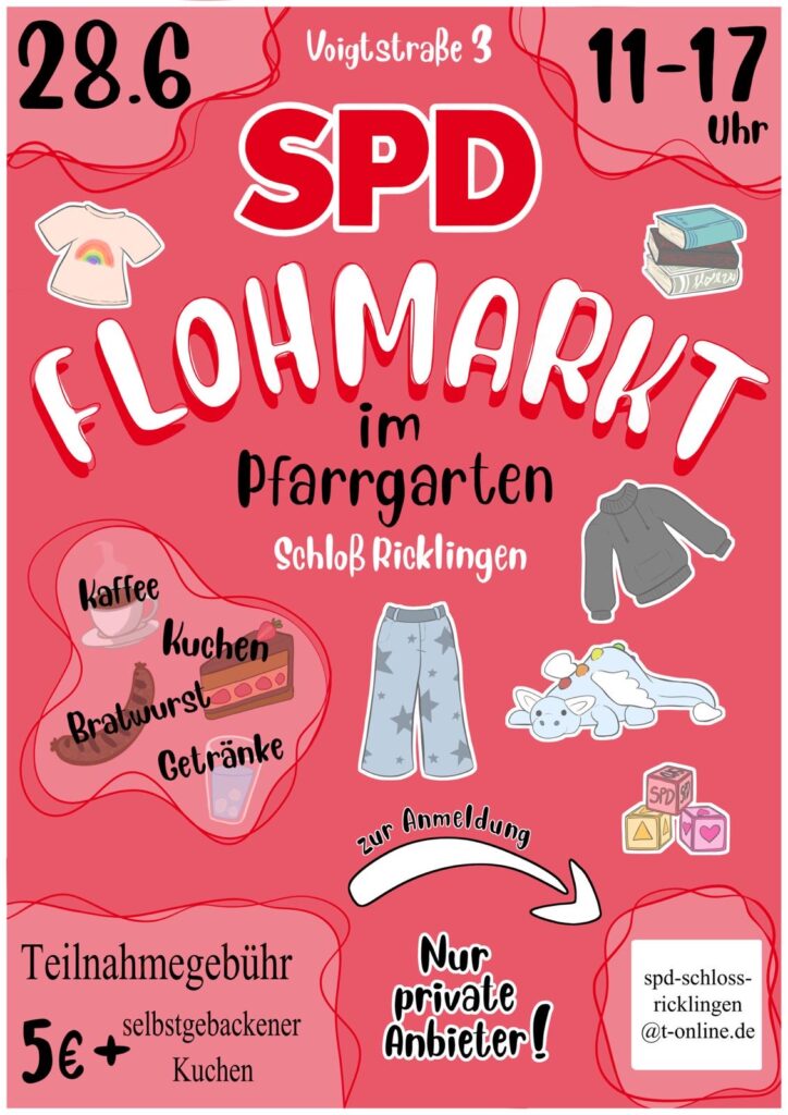 Flohmarkt im Pfarrgarten Schloß Ricklingen: Am Sonntag, 28.06.2026, lädt die SPD Schloß Ricklingen von 11 bis 17 Uhr ein