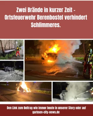 Gleich zweimal innerhalb kurzer Zeit musste die Ortsfeuerwehr Berenbostel ausrücken: Am Mittwochabend und in der Nacht zu Donnerstag kam es zu zwei Brandeinsätzen, die dank des schnellen Eingreifens der Einsatzkräfte zügig unter Kontrolle gebracht werden konnten. #feuerwehrgarbsen #garbsen #garbsencitynews